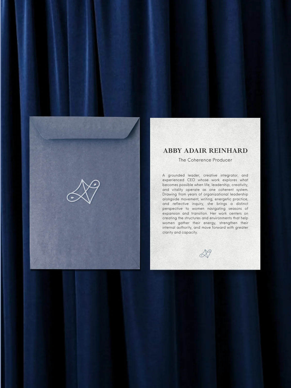 Abby Adair Reinhard branded biography card and envelope