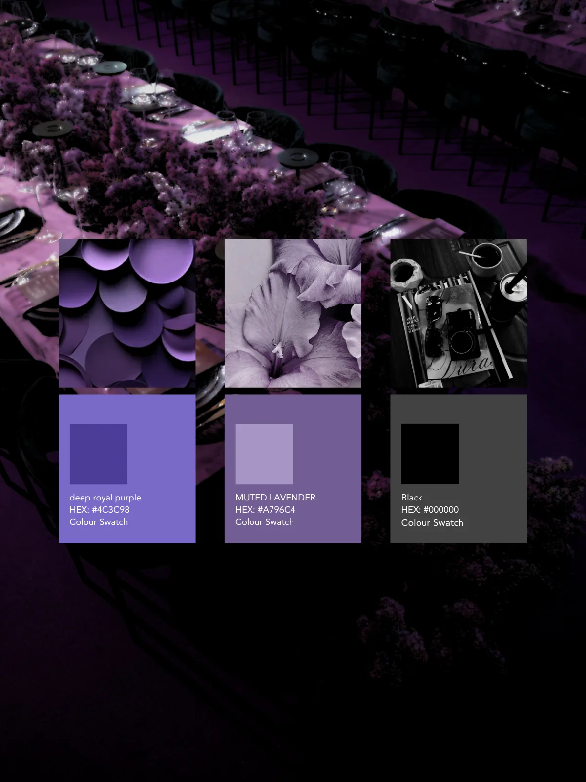 CW4 Events deep purple, muted lavender, and black color story