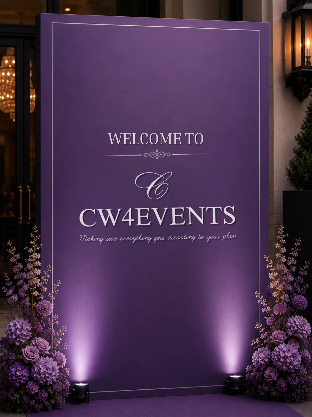 CW4 Events welcome sign with purple floral styling