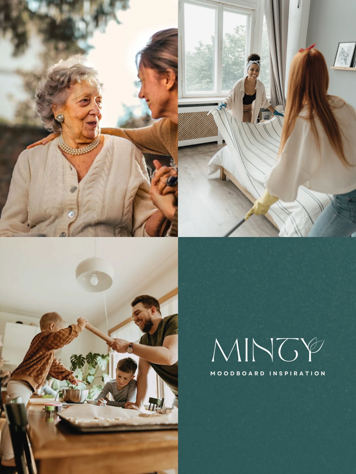 Minty Care Connections moodboard featuring home care, cleaning, and everyday living