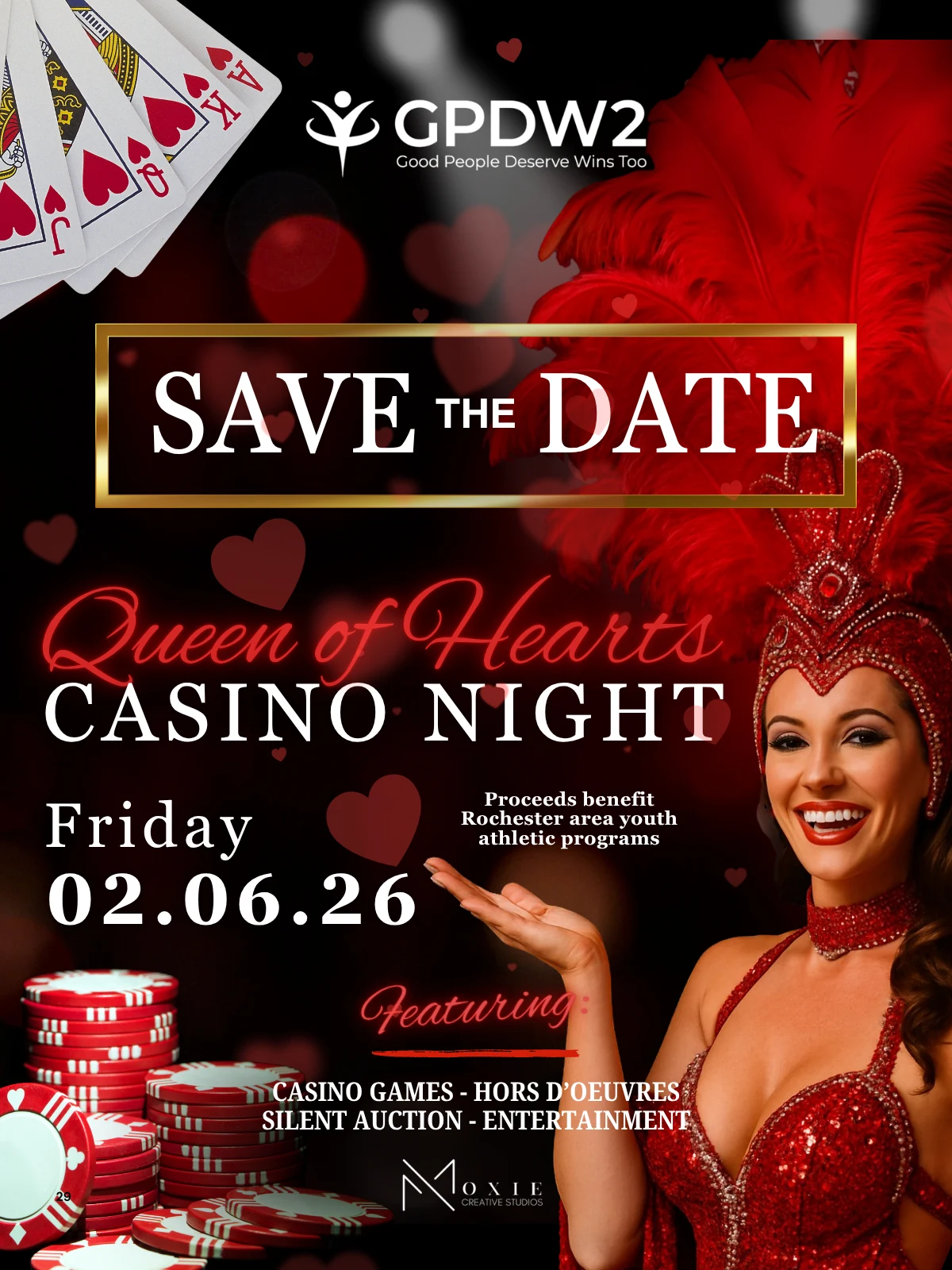 Queen of Hearts Casino Night save the date artwork