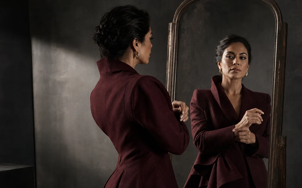 Woman in a burgundy tailored ensemble studying her reflection in a mirror